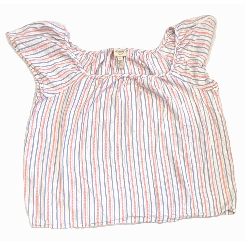 St Johns Bay Womens XL Flutter Sleeve Blouse Blue Pink Striped Square Neck Top